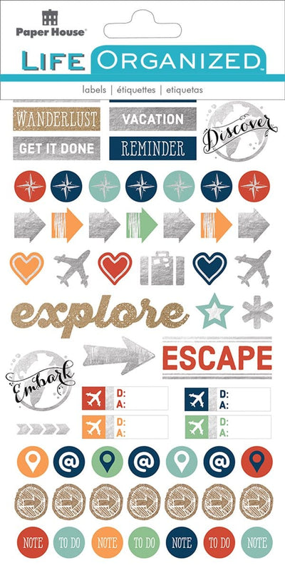 planner stickers featuring travel sentiments and icons shown in package