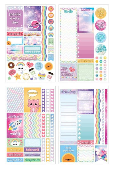 Four sheets of planner stickers featuring kawaii themed imagery are shown on white background.