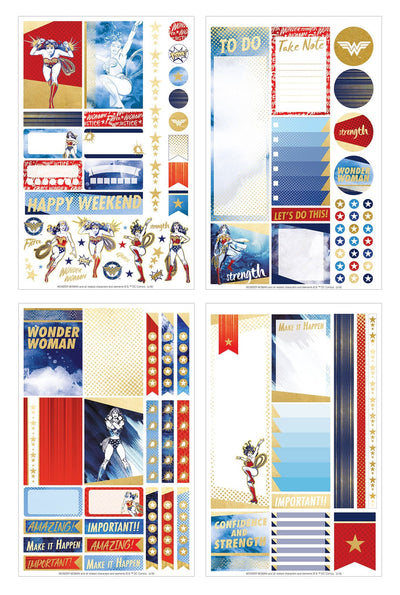 Four sheets of planner stickers featuring Wonder Woman are shown on a white background.
