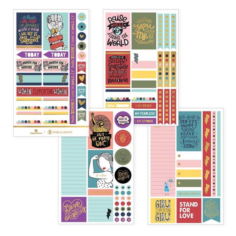four sheets of planner stickers featuring equality and women&