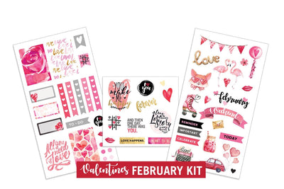 Three sheets of planner stickers featuring February Valentines shown on a white background.