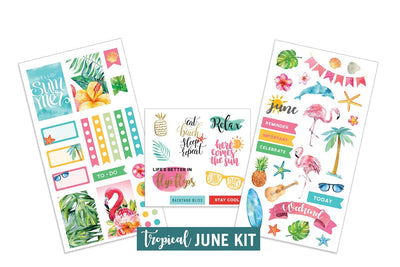 3 sheets of planner stickers featuring tropical June theme shown on white background.