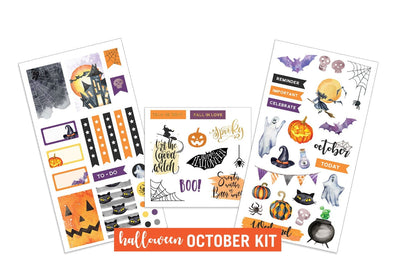 Three halloween planner sticker sheets are shown on white background.