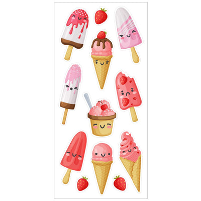 scratch and sniff stickers featuring illustrated strawberries and pink ice cream cones, shown on white background.