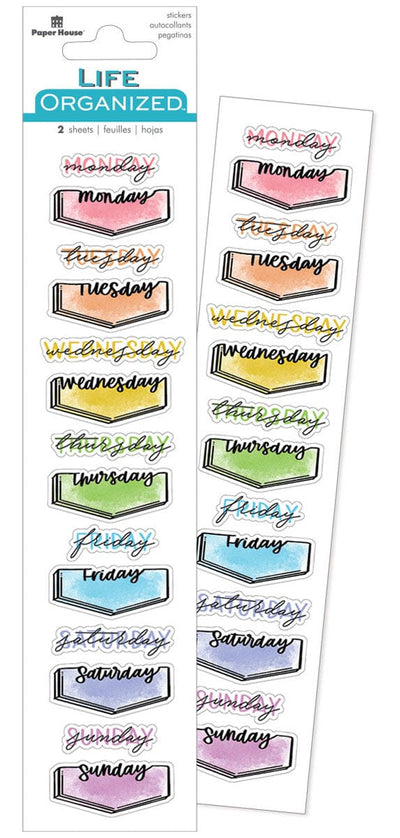 planner stickers featuring colorful days of the week in script lettering with colorful washes and tags, shown in package overlapping another sheet on a white background.