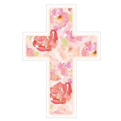 Shaped laptop sticker featuring a cross filled with pink watercolor flowers.