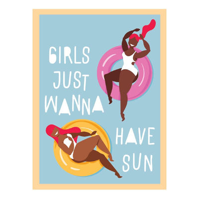 Rectangular laptop sticker featuring two illustrated women in tubes with the words "Girls just wanna have sun" on a blue background.