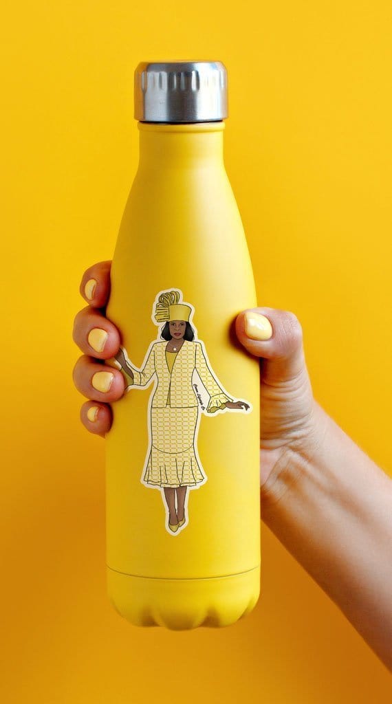 Shaped, vinyl sticker featuring a woman of color in a yellow dress and hat placed on a yellow water bottle against a yellow background 