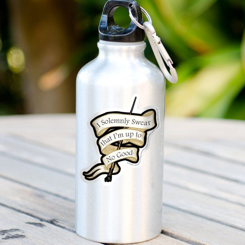 vinyl laptop sticker shown on a stainless steel water bottle featuring shaped Harry Potter Solemnly Swear Banner.