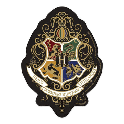 vinyl laptop sticker featuring Harry Potter Knockturn Hogwarts Crest with intricate gold detail.