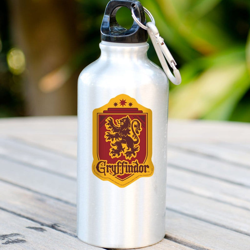 vinyl laptop sticker shown on a stainless steel water bottle featuring shaped Harry Potter Gryffindor Shield.