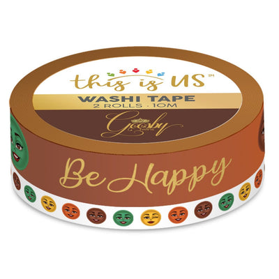 washi tape featuring 'Be Happy' in gold script on one roll and happy illustrated faces on the other roll, shown in package on white background.