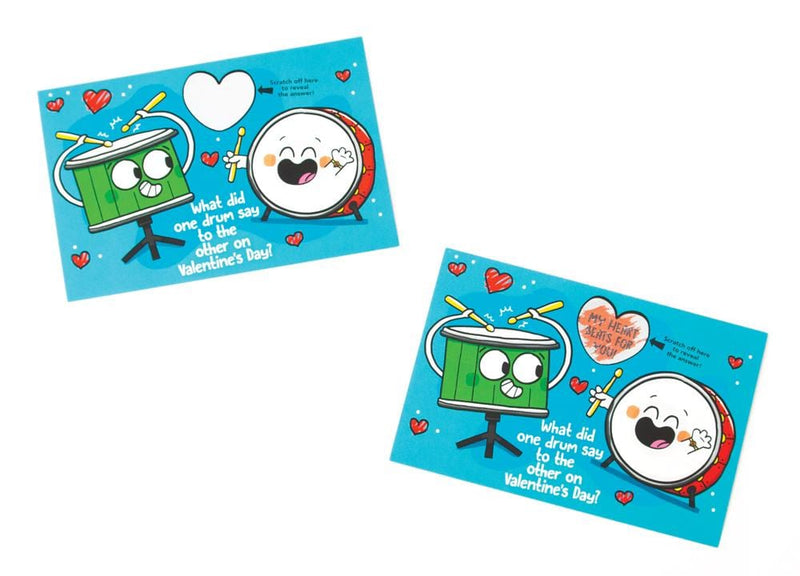 Two blue valentine cards are shown on a white background featuring colorful illustrations and a scratch-off heart.