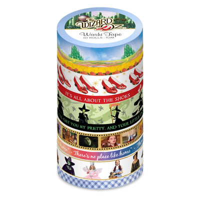 Ten rolls of washi tape featuring the characters and scenes from the Wizard of Oz, stacked and shown in package on white background.