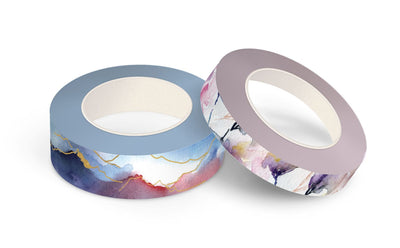 2 rolls of washi tape featuring blue, purple and red watercolor patterns with gold foil, shown on white background.