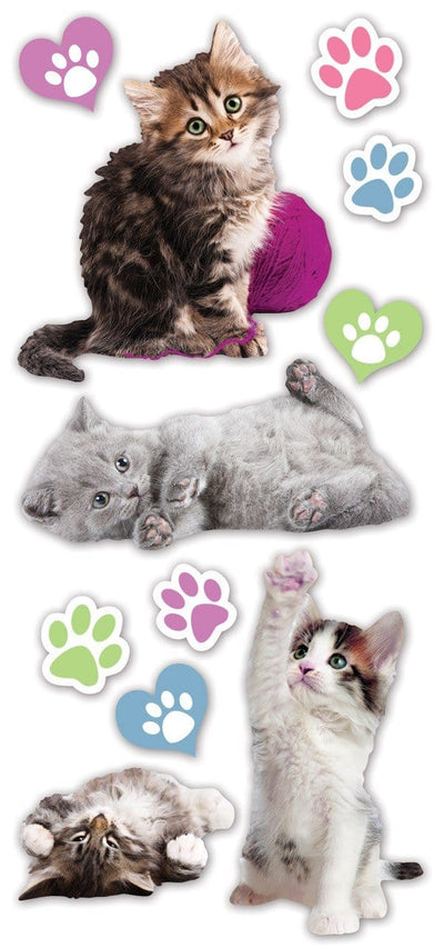 puffy stickers featuring photo real kittens and illustrated paw prints, on white background.