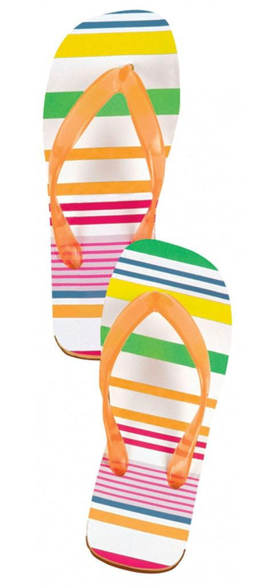 bookmark featuring colorful, striped flip flops overlapping each other, shown on white backround.