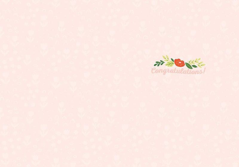 note card featuring the inside spread with Congratulations and illustrated flowers on a peach patterned background.