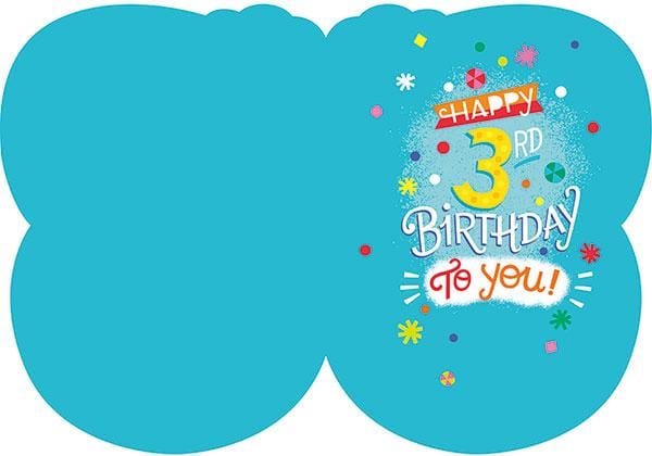 inside spread of note card featuring colorful Happy 3rd Birthday on a solid blue background.