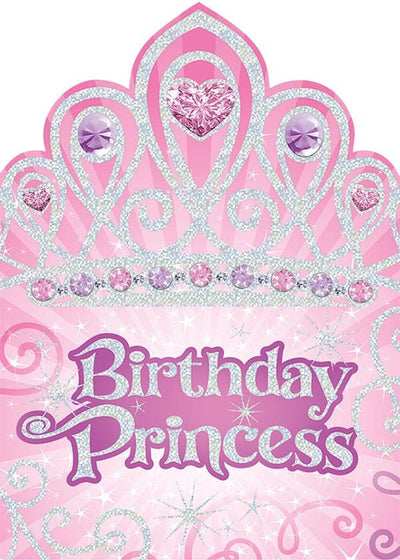 birthday princess note card featuring a pink patterned background and a silver sparkly tiara.
