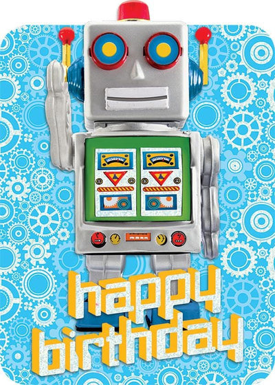 birthday note card featuring a colorful robot on a blue patterned background with foil accents.