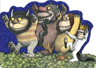 shaped note card featuring the characters from Where The Wild Things Are on a bright blue foil background shown on white badkground.