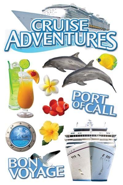 3D scrapbook stickers featuring a photo real cruise ship, dolphins and tropical cocktails shown on a white background.