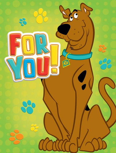 gift enclosure card featuring scooby doo on a bright green background with colorful paw prints.
