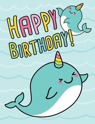 gift enclosure card featuring colorful illustrated narwhals on a light blue background.