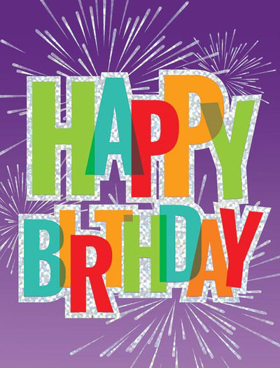 birthday card featuring bright colors with silver foil and purple background.