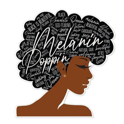 Shaped laptop sticker featuring an illustration of a brown-skinned woman, with Melanin Poppin' sentiments written on her hair.