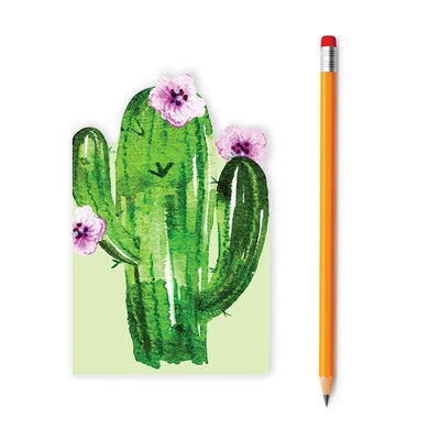 die cut mini notebook featuring a watercolor of a cactus with lavender flowers, shown with pencil on a white background.