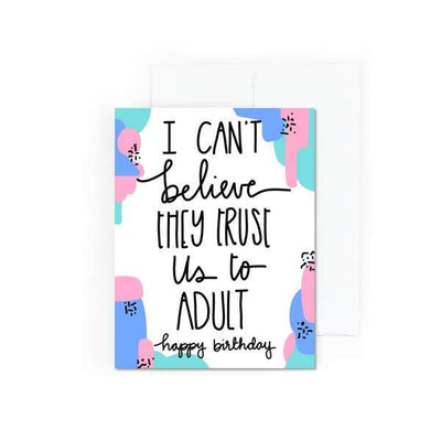birthday card featuring adult sentiment on illustrated pastel background by pretty peacock paperie is shown on a white background.