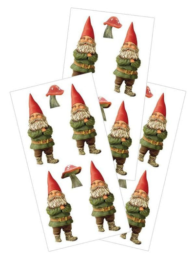 3 sheets of stickers featuring photo real Gnome statues, shown on white background.