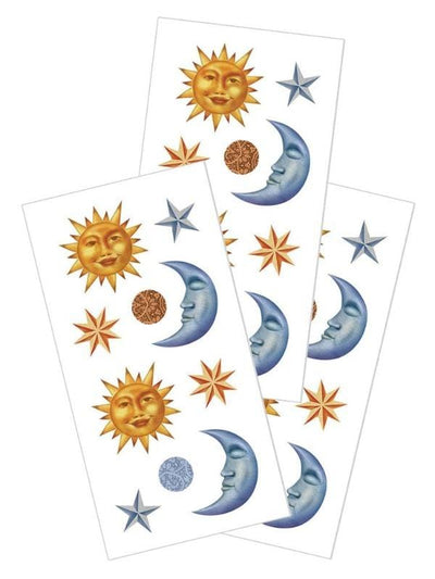 stickers featuring illustrated, sun, moon and stars, shown on white background.