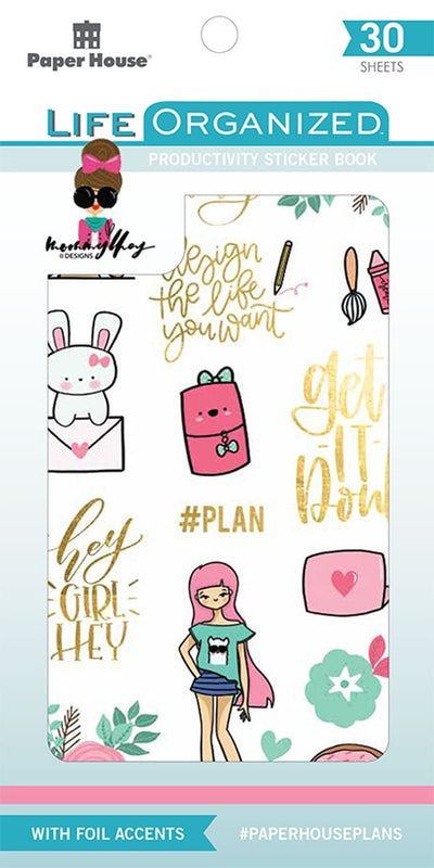 planner stickers shown in packaging featuring productivity themed sentiments and illustrations with pink, teal and gold details.
