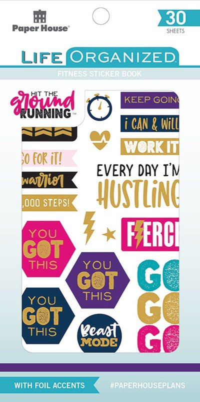 planner stickers shown in packaging featuring fitness themed sentiments with purple, teal, pink and gold details.