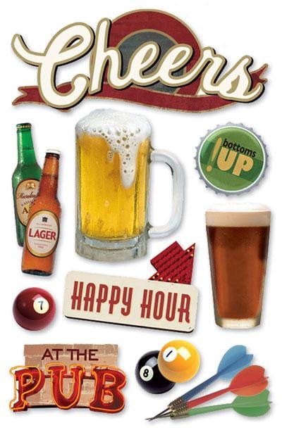 3D scrapbook stickers featuring photo real beer mugs, pool balls and darts with gold details.