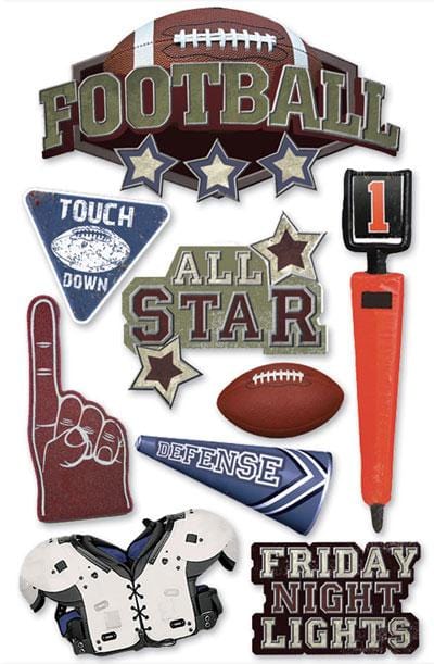 3D scrapbook stickers featuring footballs, stars and a foam finger.