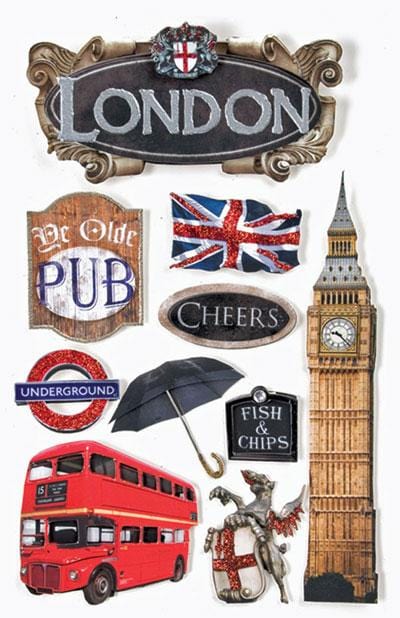 3D scrapbook stickers featuring photo real London Big Ben, double decker bus and British flag shown on white background.