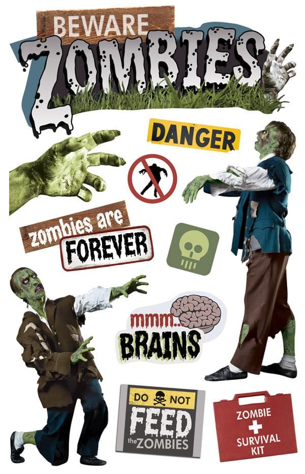 scrapbook stickers featuring illustrated Zombies and Beware Zombies text shown on white background.