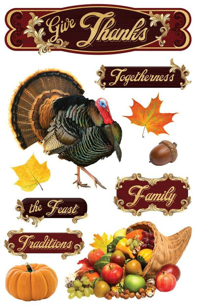 3D scrapbook stickers featuring a thanksgiving turkey and a cornucopia.