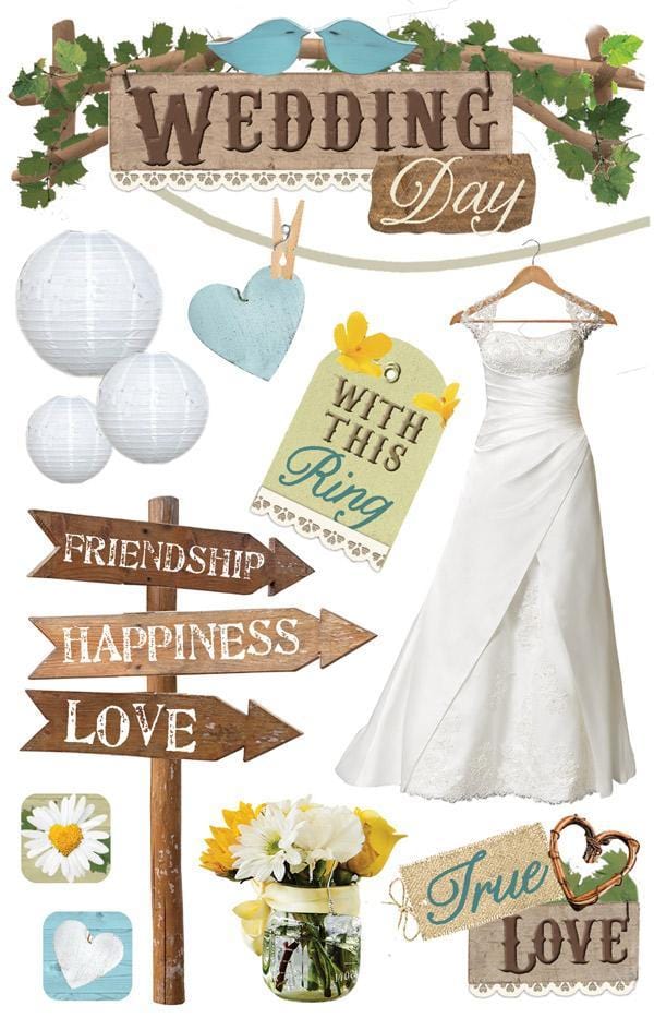 3D scrapbook stickers featuring a wedding dress, love birds and wooden signs.
