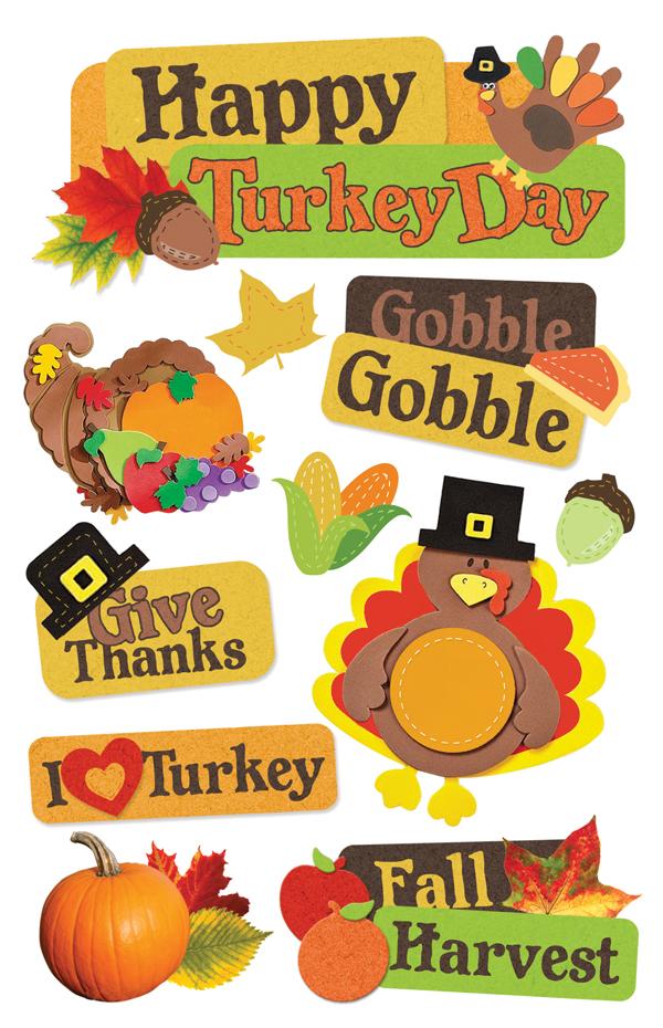 3D scrapbook stickers featuring illustrations of turkey day with cornucopia, turkeys and pumpkins