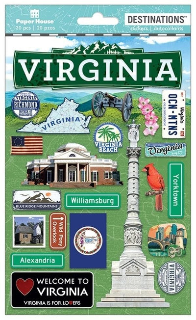 scrapbook stickers featuring Virginia monuments and signs on a green background.