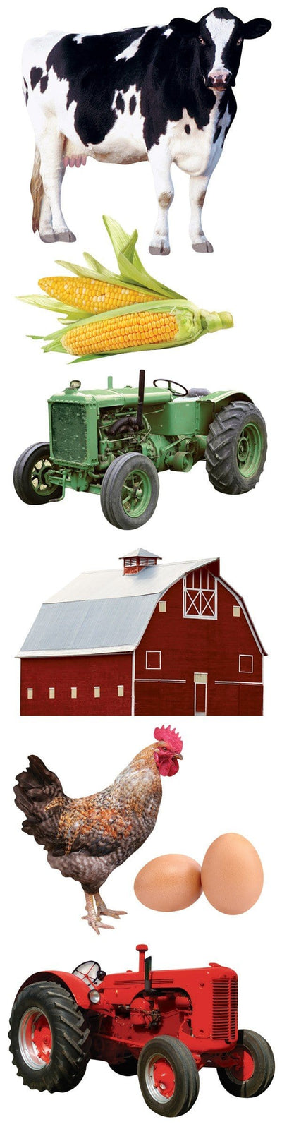 3D scrapbook stickers featuring photo real farm animals, a tractor, and a barn shown on a white background.