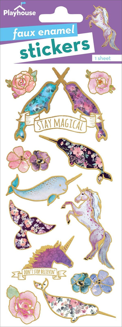 foil stickers featuring colorful illustrated narwhals and unicorns with gold details, shown in package.
