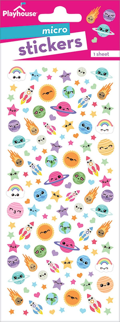Mini stickers featuring colorful illustrated planets, comets and rocket ships shown in package.