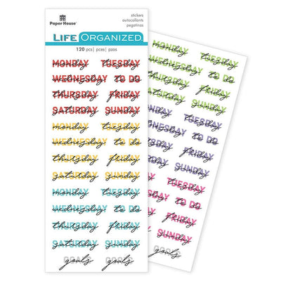 planner stickers featuring colorful days of the week in text and script, shown in packaging overlapping another sheet on white background.
