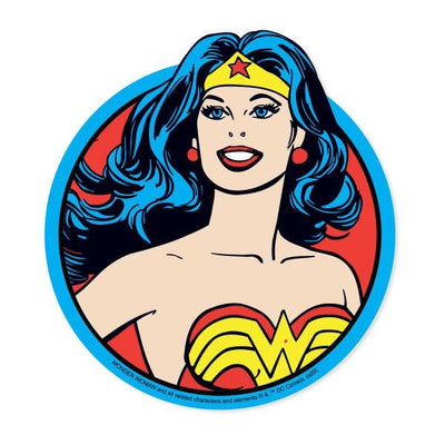 Shaped laptop sticker featuring the Wonder Woman portrait in illustrative style with blue, red and yellow details.